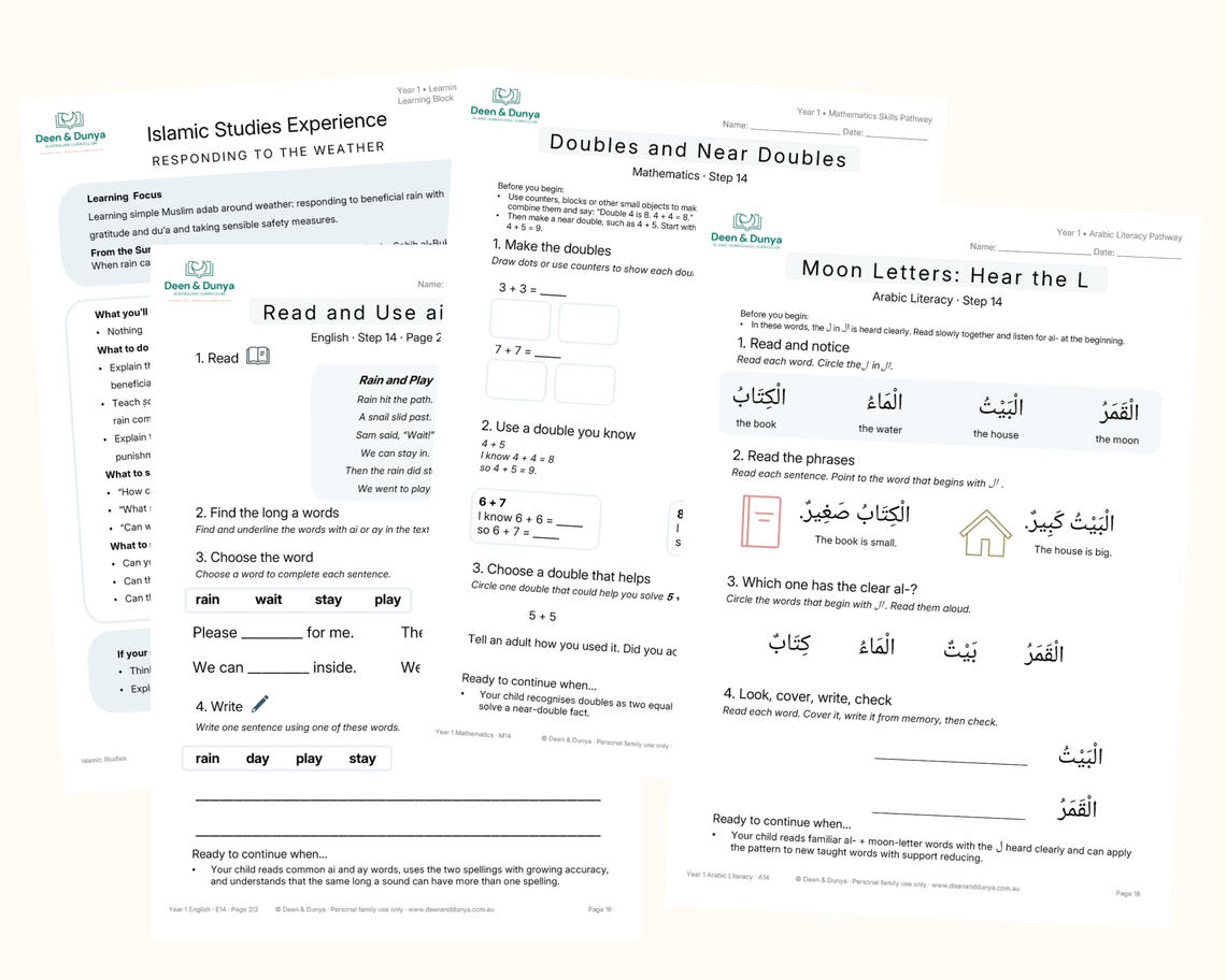 Deen & Dunya Year 1 Islamic Homeschool Sample Pack Deen & Dunya Year 1 Islamic homeschool sample pack showing Islamic Studies, English, Mathematics and Arabic Literacy learning pages